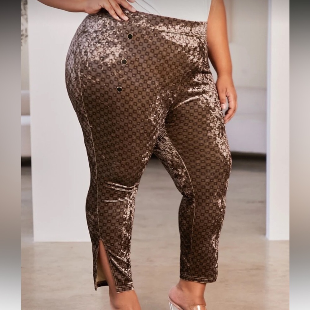 SHEIN CURVE+ Plus Plaid Split Hem Velvet Pants NWOT